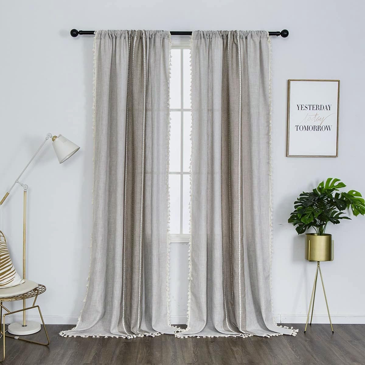 Boho Chic Cotton Linen Tassel Curtains - 2 Pack, Beige/Coffee
