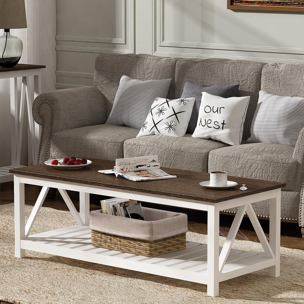 Vintage Charm Coffee Table with Shelf - Farmhouse White