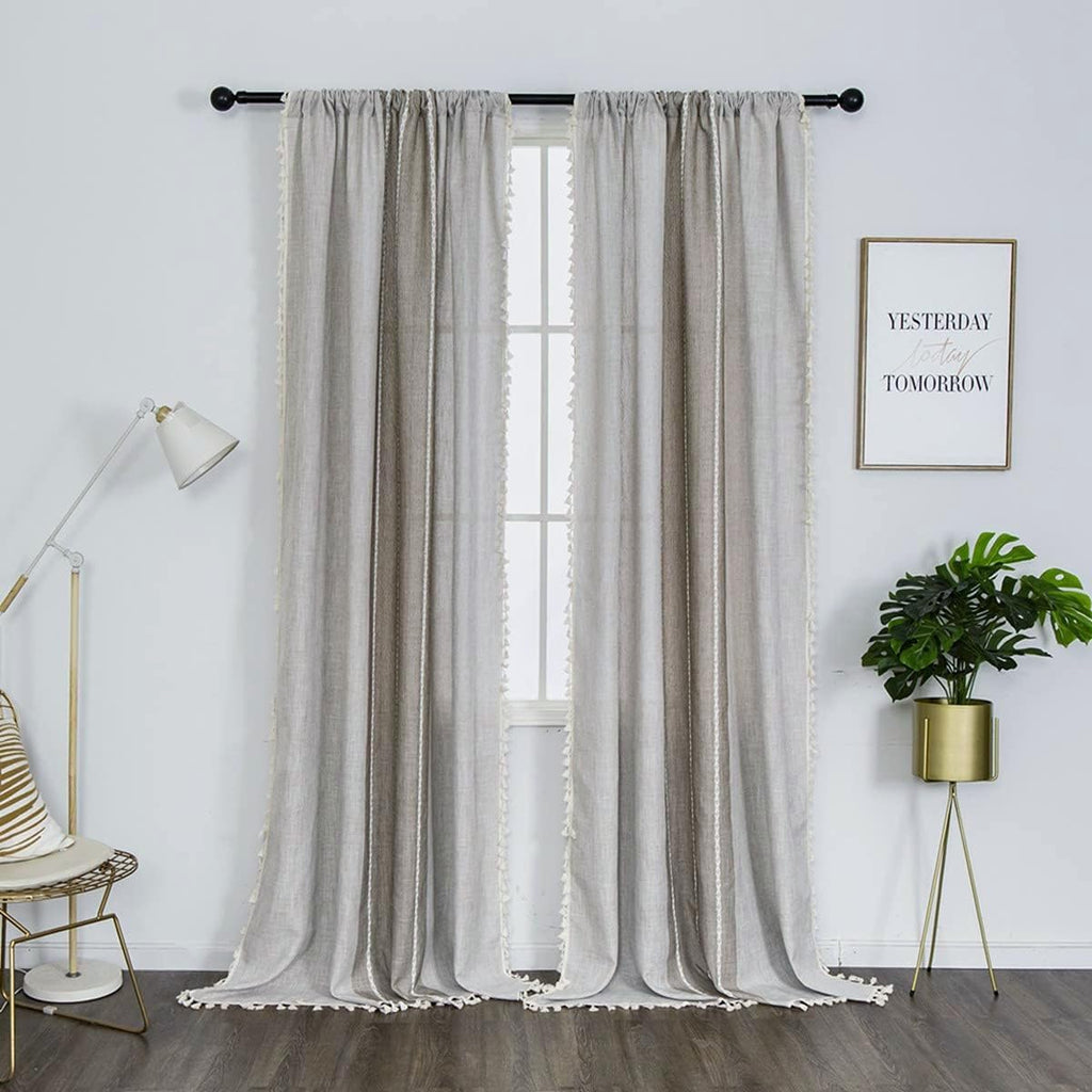 Boho Chic Cotton Linen Tassel Curtains - 2 Pack, Beige/Coffee